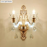 Antique Gold Glass Wall Light With Flower Texture And Crystal Accent For Living Room