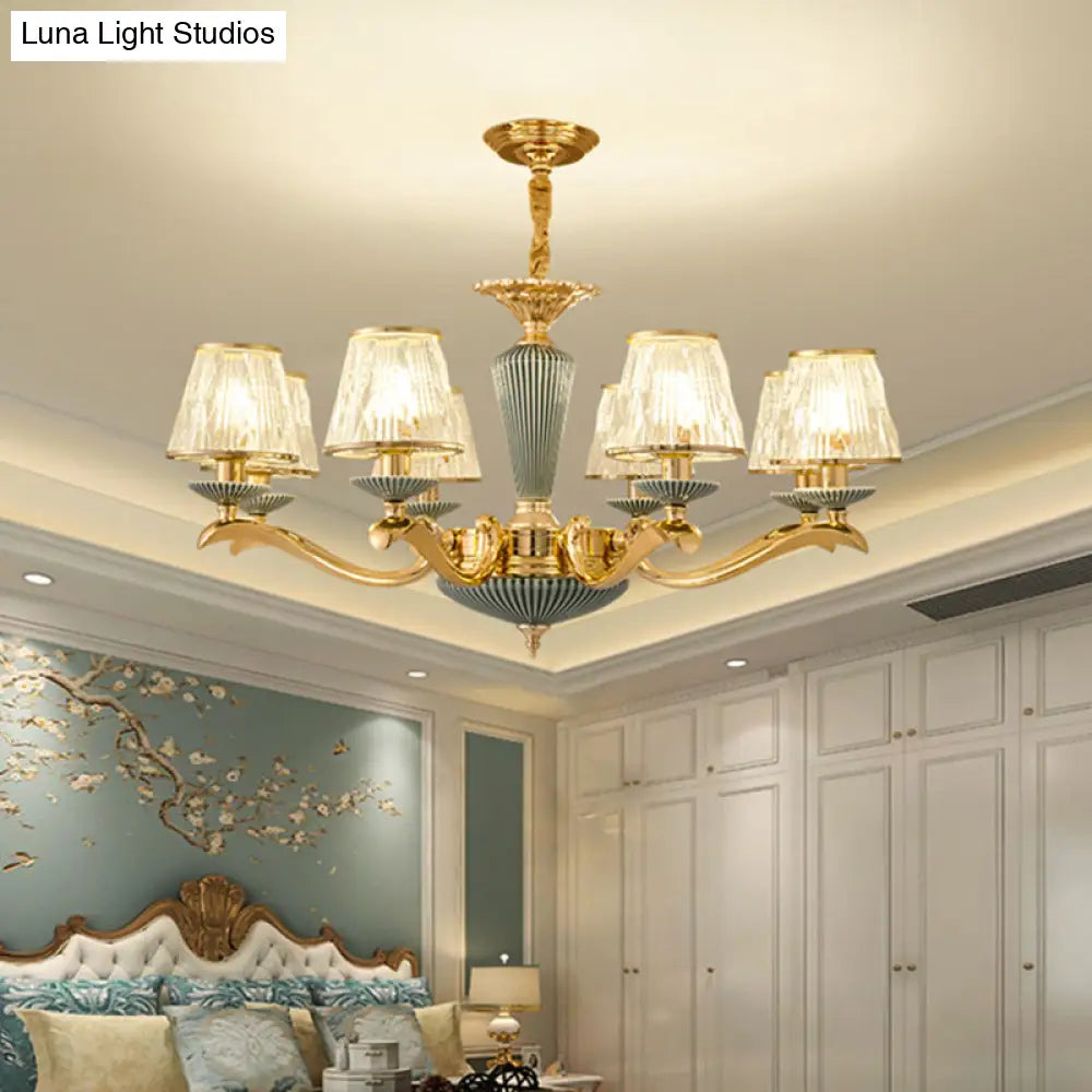 Antique Gold Ribbed Glass Chandelier - Elegant Bedroom Ceiling Pendant Lamp