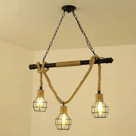 Antique Iron Hanging Island Light With Hemp Rope In Black 3 / B