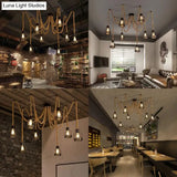 Antique Iron & Hemp Rope Swag Ceiling Fixture: Black Wire Cage Shade 8 Bulbs - Restaurant Hanging