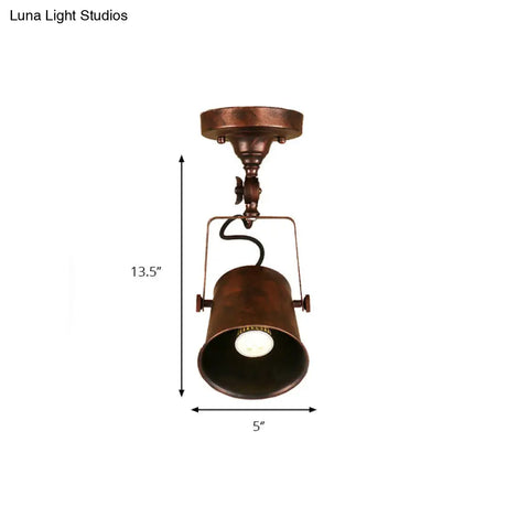 Antique Metal Bucket Shade Ceiling Lamp - Rotatable Semi Flush Pendant Light For Living Rooms 1