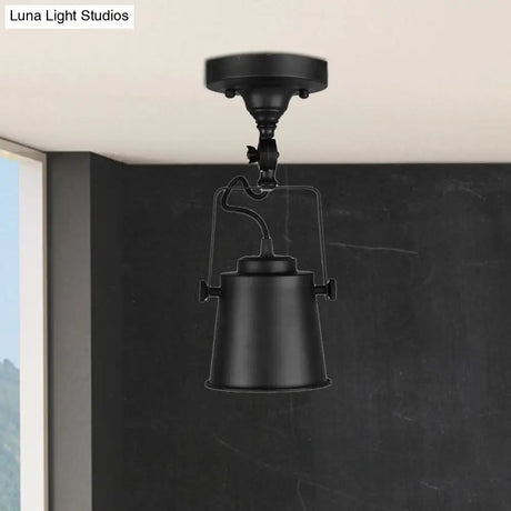 Antique Metal Bucket Shade Ceiling Lamp - Rotatable Semi Flush Pendant Light For Living Rooms 1