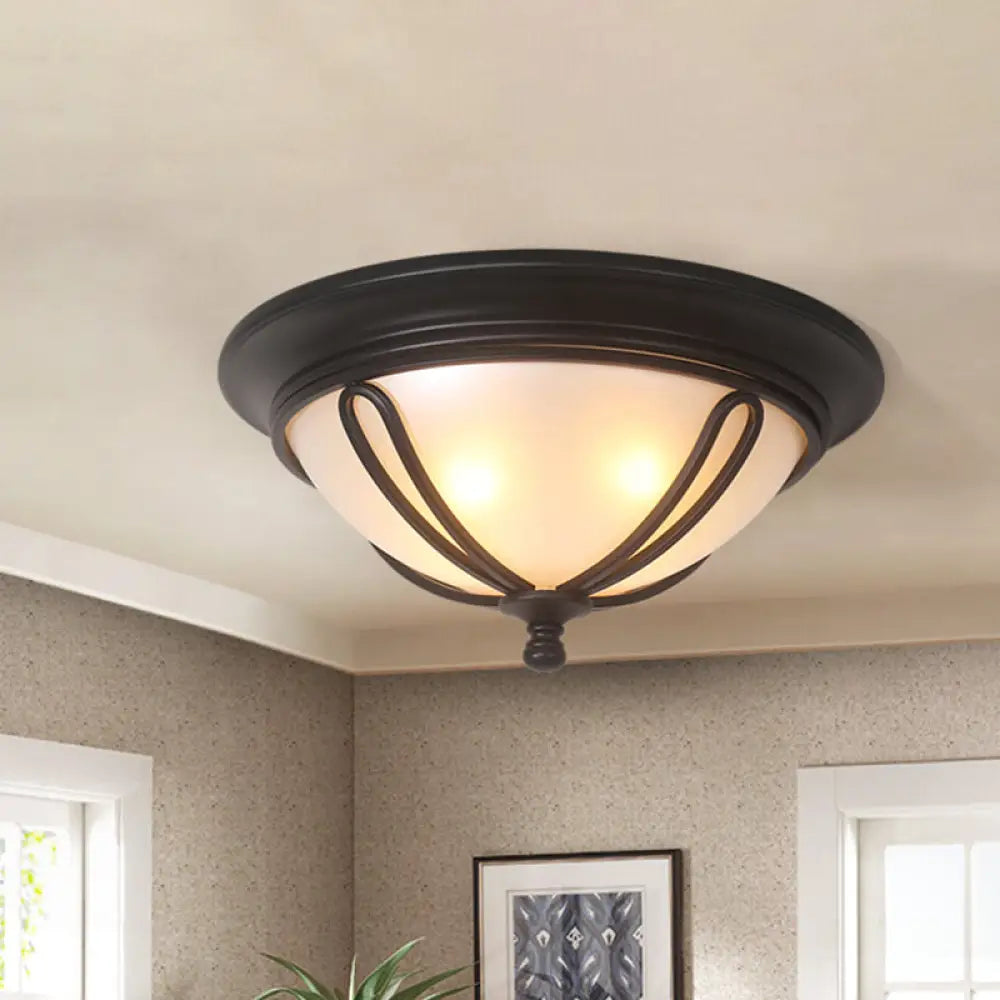 Antique Milk Glass Flush Mount Light With Metal Cage Frame - Black Finish 4 Bulb Lamp