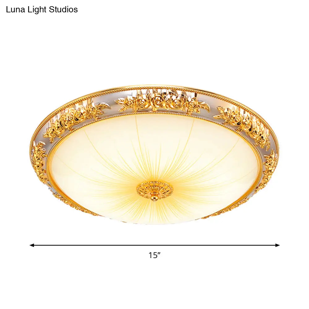 Antique Opal Glass Flush Mount Ceiling Light With Embossed Rose Trim