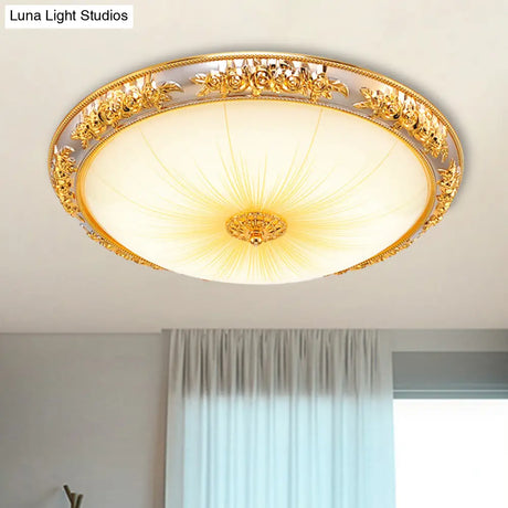 Antique Opal Glass Flush Mount Ceiling Light With Embossed Rose Trim