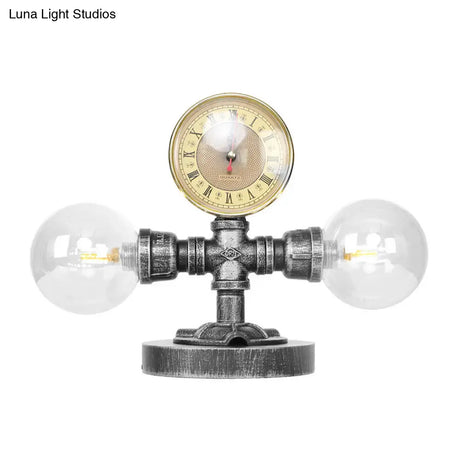 Antique Silver Round Shade Table Lamp With Clear/Amber Glass - Industrial Style 2 Lights And Sturdy