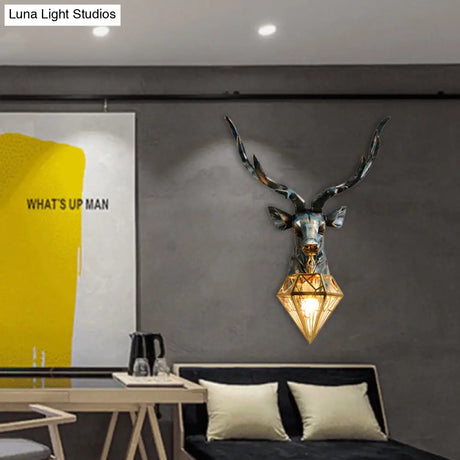 Antique Style 1-Light Resin Deer Wall Sconce With Brass Diamond Shade 14.5/19.5 Wide