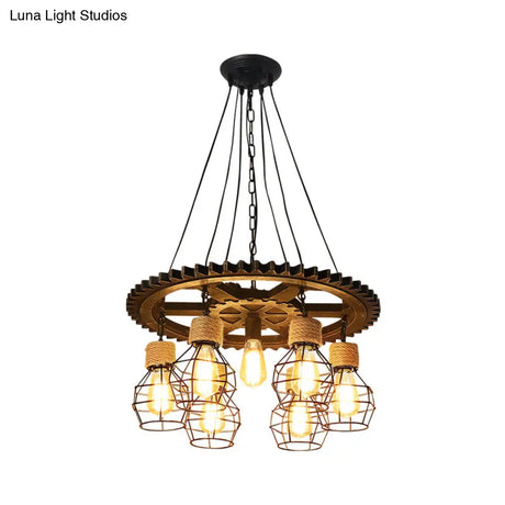 Antique Style Black Iron Pendant Light With Wire Guard - 5/7-Head Suspended Lamp Fixture