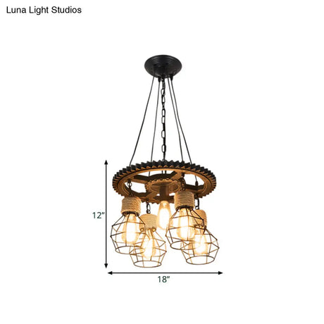 Antique Style Black Iron Pendant Light With Wire Guard - 5/7-Head Suspended Lamp Fixture