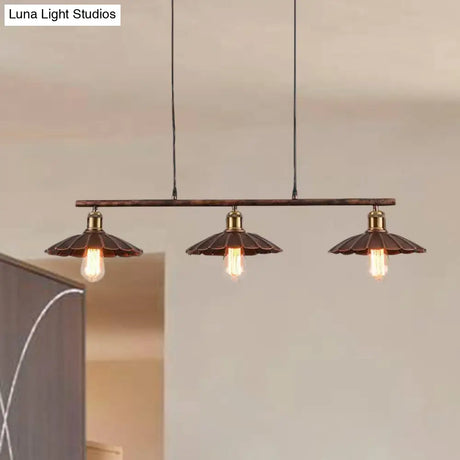 Antique Style Metal Island Light With Scalloped Edges - Rustic 3-Head Pendant Lighting For Dining