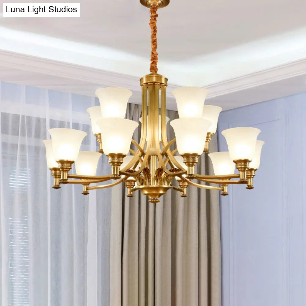 Antique Style Opaline Glass Bedroom Chandelier With Brass Flared Design