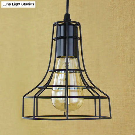 Antique-Style Open Cage Pendant Lamp In Black For Hallway