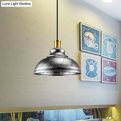 Antique Style Wrought Iron Dome Lamp - 1 Head Restaurant Hanging Light Silver/Bronze/Rust 12’/14