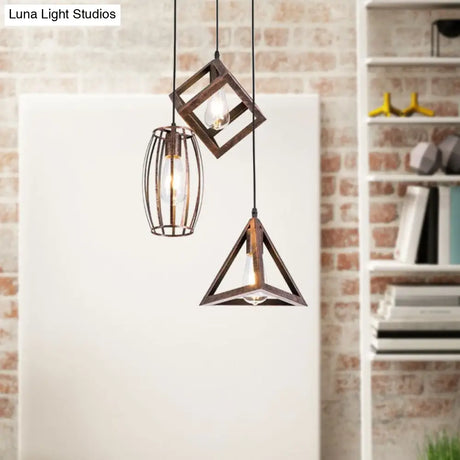Antique Style Wrought Iron Pendant Lamp - 3-Head Caged Design For Dining Room Ceiling Rust Finish