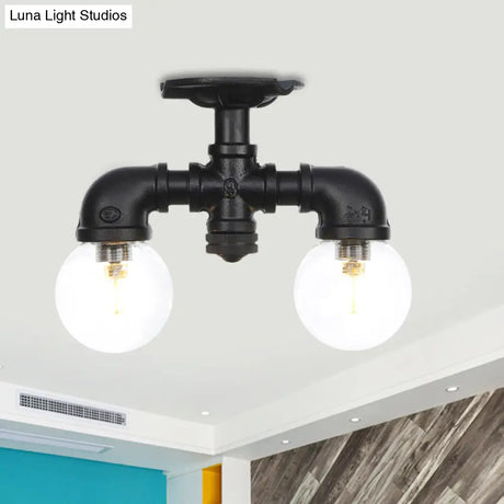 Antiqued Black Semi Mount Lighting With Clear Glass - 2 - Light Sphere Flush Mounted Lamp