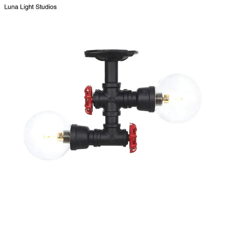 Antiqued Black Semi Mount Lighting With Clear Glass - 2 - Light Sphere Flush Mounted Lamp