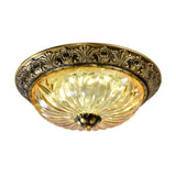 Antiqued Brass Bowl Ceiling Lamp: Traditional Carved Glass Flush Mount Light / 12’