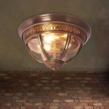 Antiqued Brass/Brown Semi Flush Lamp - Clear Glass 1 - Light Mount With Pierced Trim Design Brass
