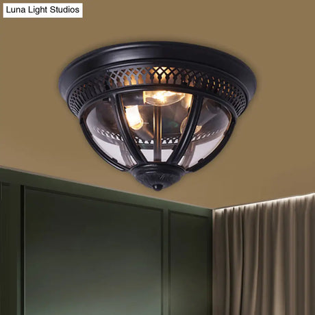 Antiqued Brass/Brown Semi Flush Lamp - Clear Glass 1 - Light Mount With Pierced Trim Design