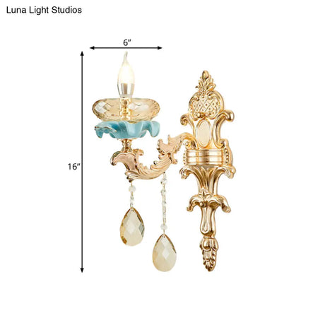 Antiqued Candlestick Wall Lamp With Crystal Sconce Light Fixture In Gold