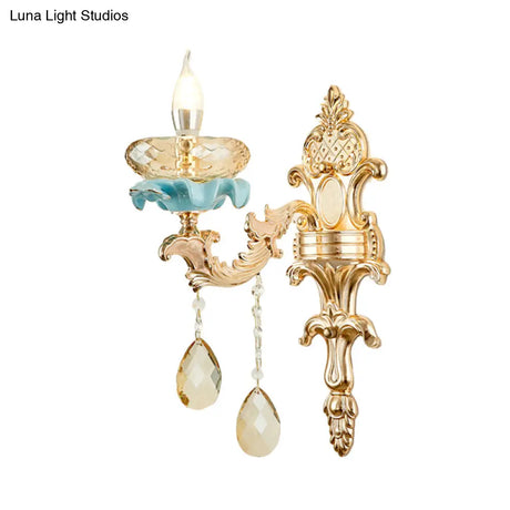Antiqued Candlestick Wall Lamp With Crystal Sconce Light Fixture In Gold