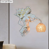 Antiqued Girl With Violin Wall Lamp: Single Bulb Resin Sconce Clear Crystal Shade In White/Gold