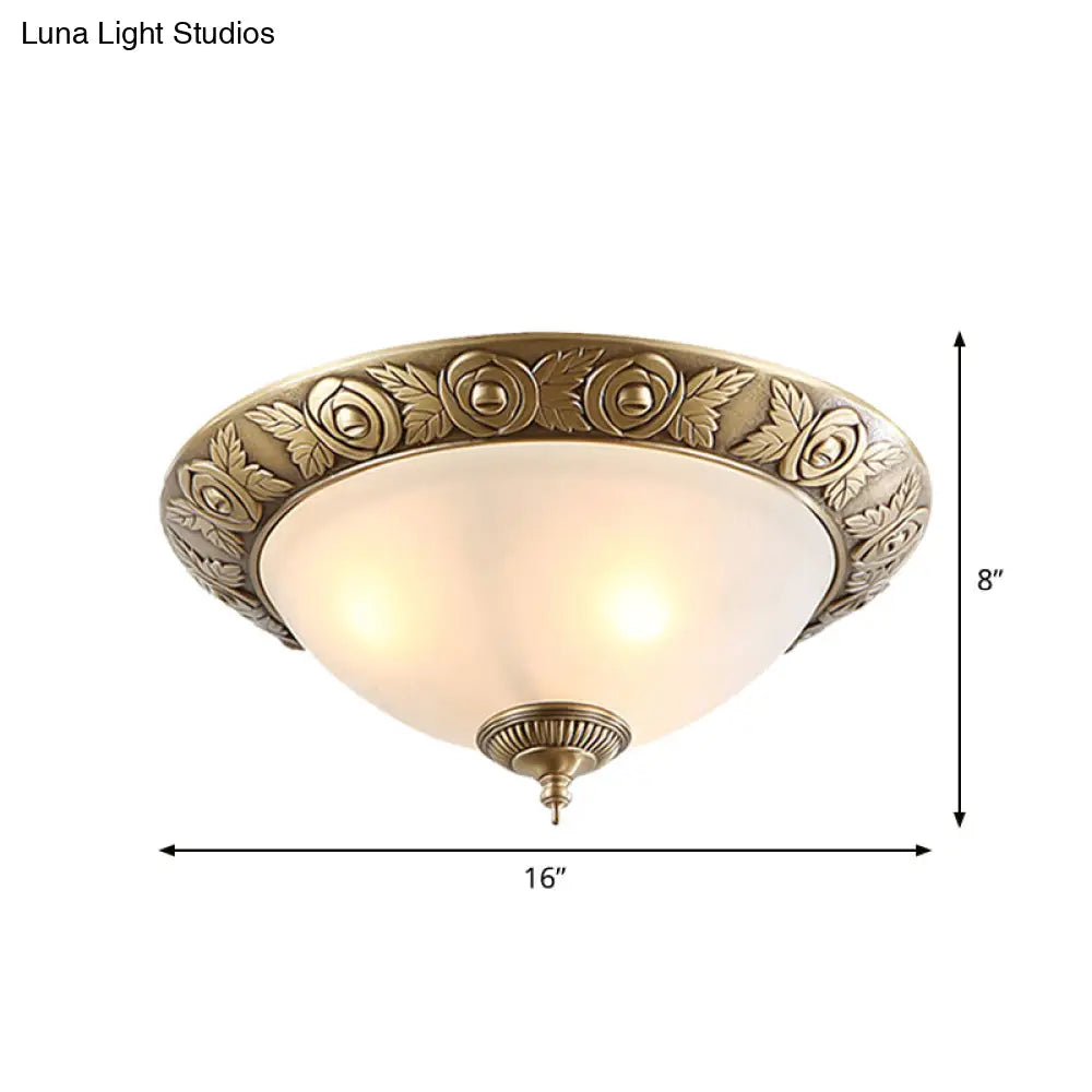 Antiqued Milky Glass Bedroom Ceiling Light With Brass Flush Mount - 2/3 - Head Available In 12’