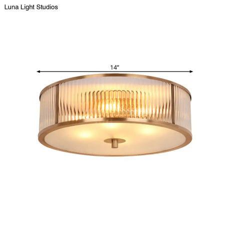 Antiqued Opaline Glass Fluted Drum Flush Mount Ceiling Light With Brass Accents - 3 Heads For