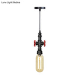 Antiqued Pipe Metal Led Ceiling Light With Amber Glass Shade - Black