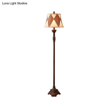 Antiqued Style Red Brown Floor Lamp With Harlequin Design And Flared Fabric Shade 1 Bulb