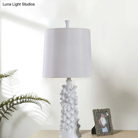 Antiqued White Barrel Shade Night Table Lamp With Resin Base
