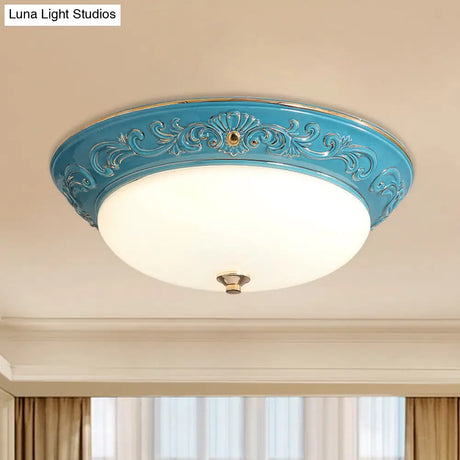 Antiqued White Glass Led Flush Mount Light For Bedroom Oblong Shape With Yellow/Blue/Light Blue