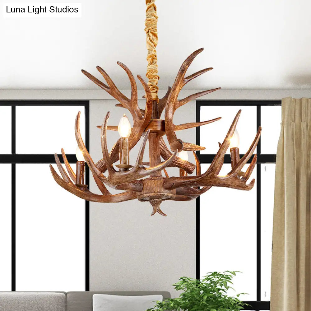 Antler Resin Chandelier: Traditional Candle Shape Hanging Lamp With 4/6/9 Bulbs In Coffee