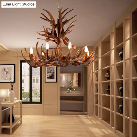 Antler Resin Chandelier: Traditional Candle Shape Hanging Lamp With 4/6/9 Bulbs In Coffee