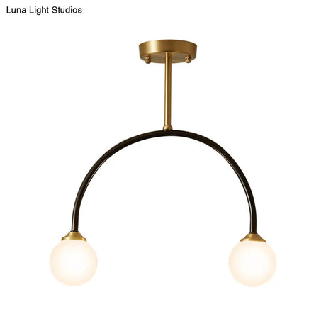Arced Minimal 2 - Bulb Led Flush Ceiling Lamp – Brass & Black Restaurant Semi Mount Lighting
