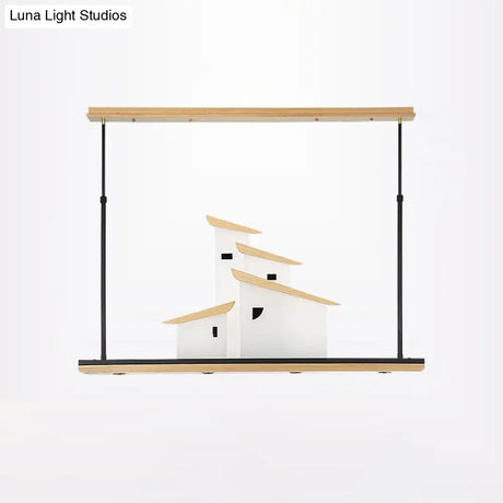 Art Deco Island Pendant Ceiling Light Led Metal Fixture In White With Wood Bracket - Warm/White