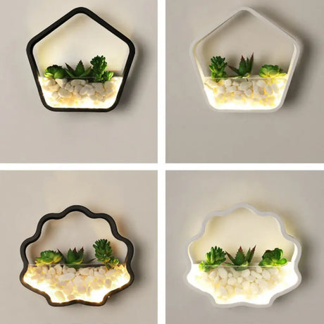 Art Deco Metal Halo Led Sconce Light - Wall Mounted With Cobblestone And Imitation Plant Black /