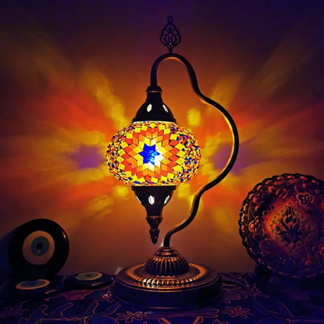 Art Deco Stained Glass Globe Table Lamp With Curvy Arm - White/Red/Yellow Orange