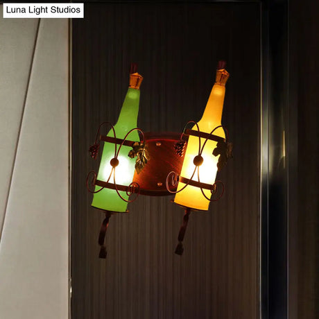 Art Deco Wall Mount Lighting With Wine Rack Backplate - 2 Bulbs Yellow/Green/Red/White Glass Copper