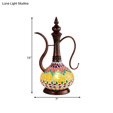 Art Deco Yellow Stained Glass Teapot Bedroom Table Lamp With 1 Light And Copper Night