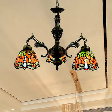 Art Glass Tiffany Chandelier - 3-Light Fixture For Dining Room Orange