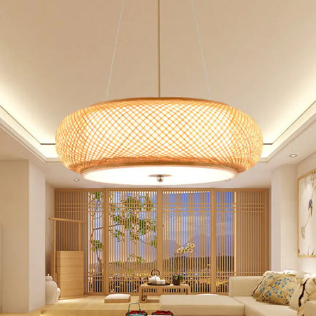 Asia Bamboo Round Hanging Light Fixture - Wood Ceiling Pendant With 1 Bulb For Living Room / 16