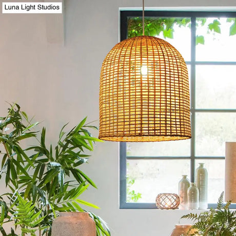Asia Pendant Lamp: Beige Cloche Shaped Light With Bamboo Shade