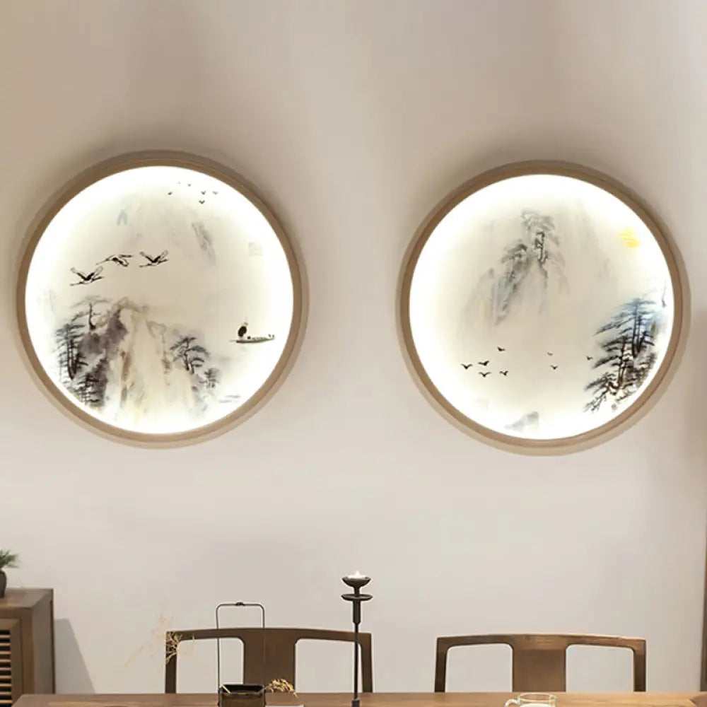 Asia Style LED Wall Light with Circular Metallic Pine Tree and Bird ...