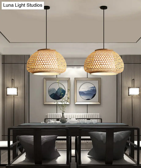 Asia Style Rattan Shade Pendant Lamp - 1 Light Ceiling Lantern In Beige