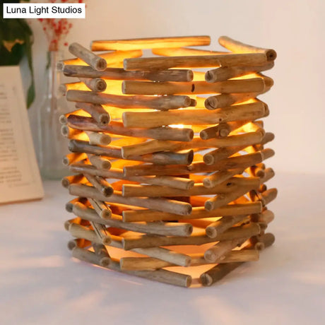 Asia Wood Desk Lamp - Cylindrical Small Brown Task Lighting For Bedroom 8/10 Wide