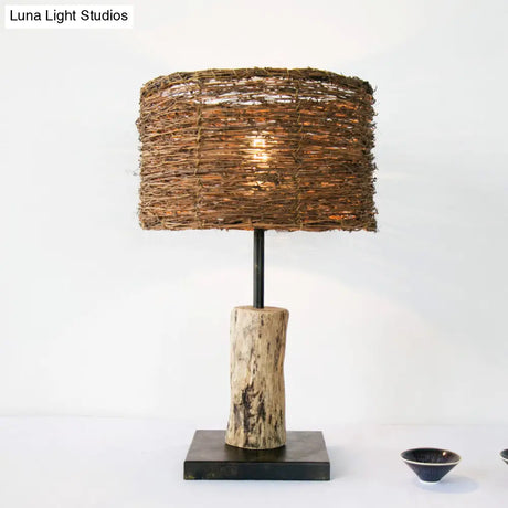Asian Bamboo Cylinder Desk Lamp - Brown 1 Head Task Lighting For Living Room