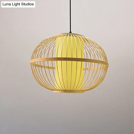 Asian Bamboo Oval Pendant Light With Inner Shade - 1-Light Beige 3 Size Options