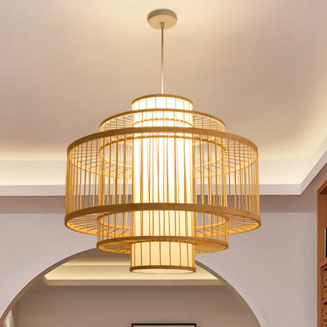 Asian Bamboo Pendant Light With Shade Inside - Cylinder/Donut/Raindrop Design Beige / C