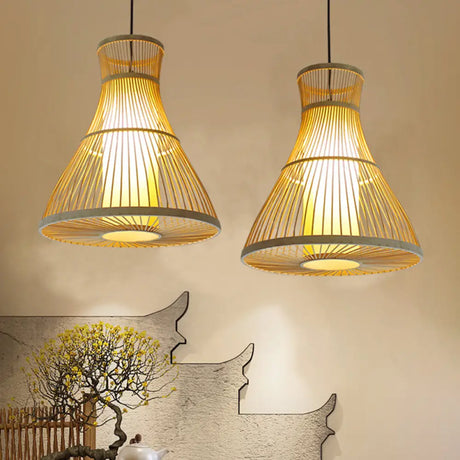 Asian Bamboo Tearoom Pendant Light - Funnel Shape Urn Design Single-Bulb Beige / B